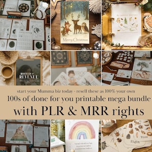 May include: A collection of printable items, including cards, journals, and artwork. A Christmas card with forest animals is visible. The text "Merry Christmas" is displayed. The image also includes the text "ROOTED in REVENUE" and "start your Mumma biz today - resell these as 100% your own 100s of done for you printable mega bundle with PLR & MRR rights."