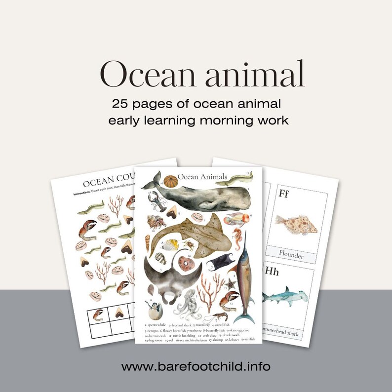 May include: A set of 25 printable pages featuring ocean animals, including a whale, a shark, a stingray, a seahorse, and a starfish. The pages are designed for early learning and include activities such as counting, matching, and alphabet recognition. The text on the page reads "Ocean Animals" and "www.barefootchild.info".