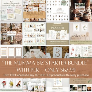 May include: A digital product bundle for Etsy sellers, featuring a variety of printable resources, including tracing cards, flashcards, planner templates, and stock photos. The bundle is titled "The Mumma Biz Starter Bundle" and includes a commercial use license. The price is $67.99.