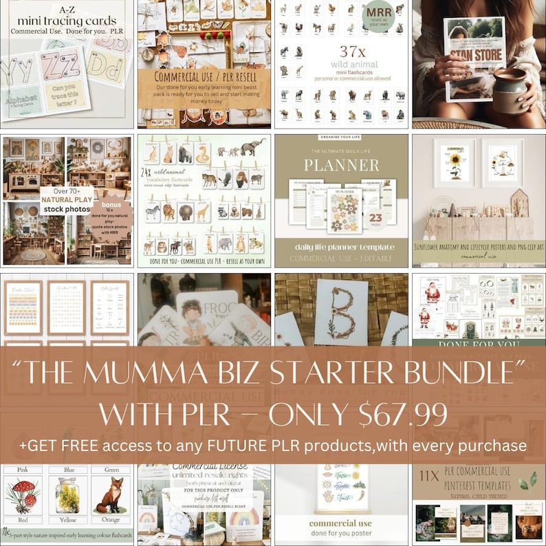 May include: A collage of educational resources and digital products, including tracing cards, animal flashcards, planners, and stock photos. The text "THE MUMMA BIZ STARTER BUNDLE" is displayed prominently, along with other text.