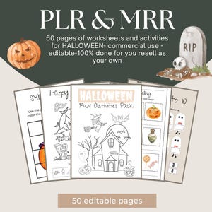 Może przedstawiać: Zestaw arkuszy ćwiczeń i aktywności o tematyce Halloween. Okładka "Halloween Fun Activities Pack" zawiera ilustracje nawiedzonego domu, wiedźmy i nietoperza. Obraz zawiera dynię, nagrobek i tekst "PLR & MRR".