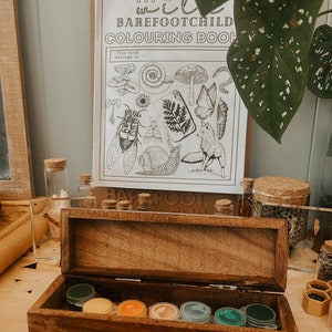 K&ouml;nnte beinhalten: Eine Holzkiste mit einem Scharnierdeckel, ge&ouml;ffnet, um acht kleine Farbt&ouml;pfe zu enth&uuml;llen. Die T&ouml;pfe sind in einer Reihe angeordnet und enthalten verschiedene Farben von Farbe, darunter Gelb, Orange, Rot, Braun, Gr&uuml;n und Blau. Die Kiste steht auf einer Holzoberfl&auml;che, und daneben liegt ein Pinsel. Die Kiste ist mit "Barefoot Child" beschriftet.