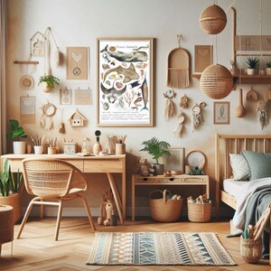 May include: A framed illustration of ocean animals, including a whale, a stingray, and a variety of fish. The illustration is surrounded by a light wood frame and is hanging on a white wall. The wall is decorated with various macrame wall hangings, wooden shelves, and other decorative items.