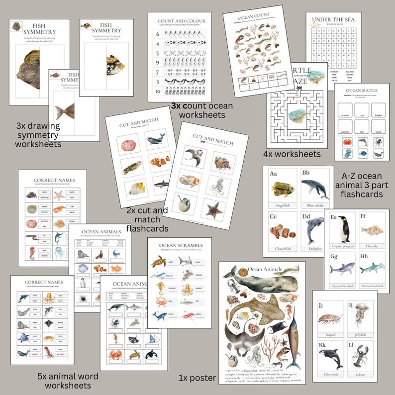 May include: A set of printable ocean-themed educational worksheets and flashcards for kids. The set includes activities like counting, matching, symmetry, and word recognition. The illustrations feature colorful watercolor drawings of various ocean animals.