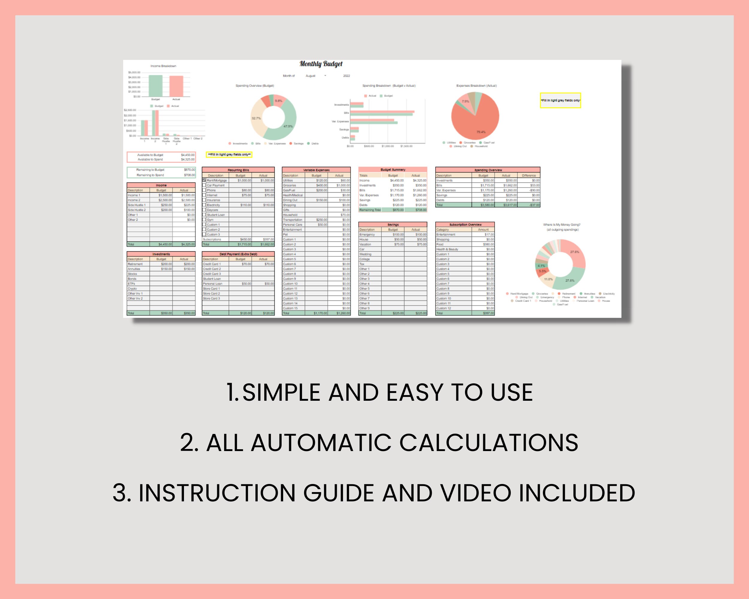 Monthly Budget Google Sheets Spreadsheet Template Simple - Etsy