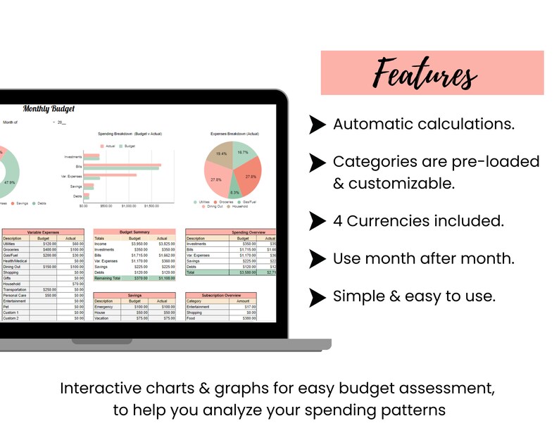 Monthly Budget Google Sheets Spreadsheet Template | Simple Digital ...