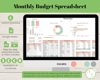 Maandelijkse budgetspreadsheetsjabloon, Google Spreadsheets-budgetsjabloon, digitale persoonlijke financiële planner, uitgaven-, uitgaven- en factuurtracker