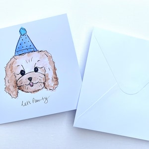 Let&#39;s Paw-ty Birthday Card, original watercolour painting, dog birthday card, dog lover birthday card, Cockapoo Card, Cockapoo Birthday Card