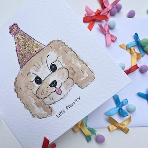 Let&#39;s Paw-ty Birthday Card with gold flake, original watercolour painting, dog lover birthday card, Cockapoo Card, Cockapoo Painting, dog