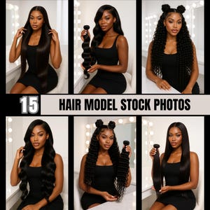 Può includere: Un collage di sei immagini con una donna con varie acconciature. Le immagini mostrano diverse trame e stili di capelli, tra cui lisci, mossi e ricci. Il testo "15 HAIR MODEL STOCK PHOTOS" è visualizzato al centro dell'immagine.