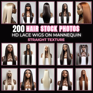 May include: A collection of 200 HD lace wigs on mannequins in various colors, including blonde, brown, and red. The wigs are all straight and have a variety of lengths. The text "200 HAIR STOCK PHOTOS HD LACE WIGS ON MANNEQUIN STRAIGHT TEXTURE" is displayed on the image.