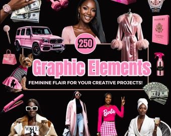 250 Pink Girly Clip Art Elements – Black Women, Beauty Designs (Digital Download)