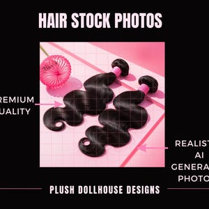 Puede incluir: Dos mechones de cabello negro ondulado con detalles en rosa se muestran sobre un fondo rosa cuadriculado. La imagen incluye el texto "Hair Stock Photos", "Premium Quality" y "Realistic AI Generated Photos". El tema son extensiones de cabello.