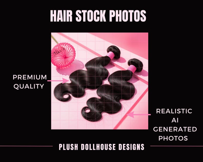 Puede incluir: Dos mechones de cabello negro ondulado con detalles en rosa se muestran sobre un fondo rosa cuadriculado. La imagen incluye el texto "Hair Stock Photos", "Premium Quality" y "Realistic AI Generated Photos". El tema son extensiones de cabello.