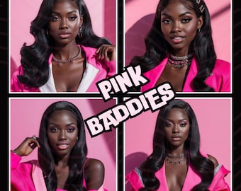 May include: Four women with long black hair wearing pink jackets and posing against a pink background. The text "PINK BADDIES" is superimposed over the image.