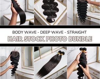 May include: A collection of black hair bundles in various styles, including straight, body wave, and deep wave. The image includes text that reads "BODY WAVE - DEEP WAVE - STRAIGHT HAIR STOCK PHOTO BUNDLE" and "150 PREMIUM HAIR PROMO STOCK PHOTOS."