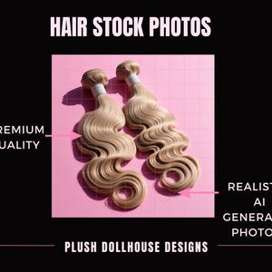 Puede incluir: Dos mechones de cabello rubio claro y ondulado se muestran sobre un fondo rosa cuadriculado. La imagen incluye el texto "HAIR STOCK PHOTOS", "PREMIUM QUALITY", "REALISTIC AI GENERATED PHOTOS" y "PLUSH DOLLHOUSE DESIGNS".