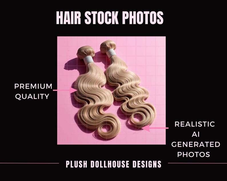 Puede incluir: Dos mechones de cabello rubio claro y ondulado se muestran sobre un fondo rosa cuadriculado. La imagen incluye el texto "HAIR STOCK PHOTOS", "PREMIUM QUALITY", "REALISTIC AI GENERATED PHOTOS" y "PLUSH DOLLHOUSE DESIGNS".
