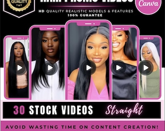 Könnte beinhalten: Werbegrafik für Haar-Promo-Videos. Das Bild zeigt fünf Smartphone-Bildschirme mit Frauen mit verschiedenen Frisuren. Der Text enthält "HAIR PROMO VIDEOS", "30 STOCK VIDEOS" und "Straight". Es bewirbt Faceless-Marketing-Strategien.