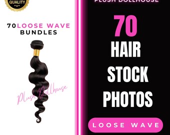 Könnte beinhalten: Ein digitales Bild eines schwarzen, lockeren Wellenhaarpakets mit einem goldenen Clip. Das Bild ist Teil eines Sets von 70 Stockfotos für Haarpakete. Der Text "70 LOOSE WAVE BUNDLES" befindet sich in der oberen linken Ecke des Bildes. Der Text "PLUSH DOLLHOUSE 70 HAIR STOCK PHOTOS LOOSE WAVE AI GENERATED STOCK PHOTOS" befindet sich auf der rechten Seite des Bildes.