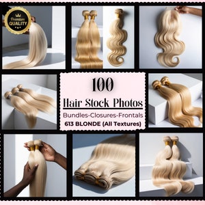 May include: A collection of 100 stock photos of 613 blonde human hair bundles, closures, and frontals in various textures. The photos show the hair in different styles and lengths.