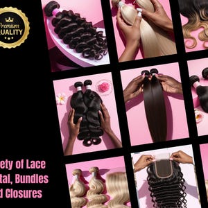 Puede incluir: Un collage de varios paquetes y cierres de cabello, que incluyen texturas onduladas, lisas y rizadas en tonos negros, rubios y marrones. La imagen incluye el texto "Variety of Lace Frontal, Bundles and Closures" y un sello dorado que dice "Premium Quality".