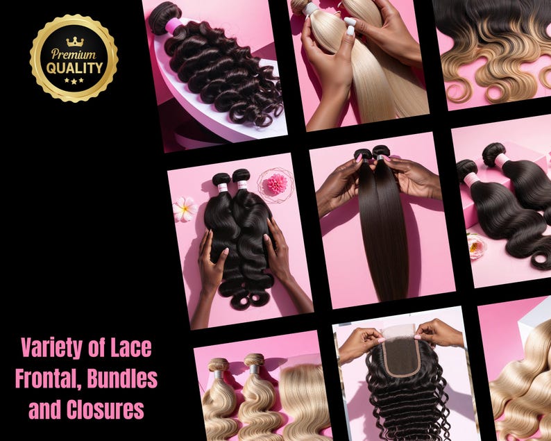 Puede incluir: Un collage de varios paquetes y cierres de cabello, que incluyen texturas onduladas, lisas y rizadas en tonos negros, rubios y marrones. La imagen incluye el texto "Variety of Lace Frontal, Bundles and Closures" y un sello dorado que dice "Premium Quality".