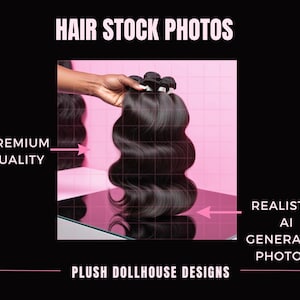 Puede incluir: Un paquete de extensiones de cabello ondulado marr&oacute;n oscuro. La imagen est&aacute; etiquetada como "Hair Stock Photos" y "Premium Quality". El fondo es rosa con un patr&oacute;n de cuadr&iacute;cula. Tambi&eacute;n est&aacute; presente el texto "Realistic AI Generated Photos".