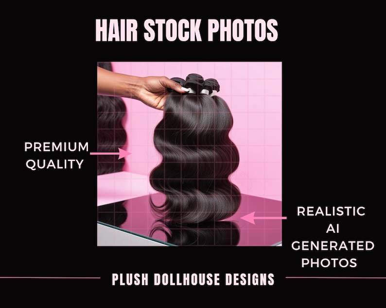 Puede incluir: Un paquete de extensiones de cabello ondulado marr&oacute;n oscuro. La imagen est&aacute; etiquetada como "Hair Stock Photos" y "Premium Quality". El fondo es rosa con un patr&oacute;n de cuadr&iacute;cula. Tambi&eacute;n est&aacute; presente el texto "Realistic AI Generated Photos".