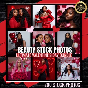 Könnte beinhalten: Eine Collage mit Bildern von schwarzen Frauen in verschiedenen Posen, die den Valentinstag feiern. Die Bilder zeigen Frauen in roten Kleidern, die Ballons halten und mit Herzen posieren. Der Text "BEAUTY STOCK PHOTOS ULTIMATE VALENTINE'S DAY BUNDLE 200 STOCK PHOTOS" ist auf der Collage zu sehen.