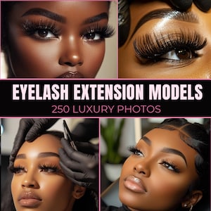 Könnte beinhalten: Nahaufnahmen von Models mit Wimpernverlängerungen. Die Fotos zeigen verschiedene Blickwinkel auf die Augen und heben die Länge und das Volumen der Wimpern hervor. Der Text "Eyelash Extension Models 250 Luxury Photos" ist auf einem rosa Hintergrund dargestellt.