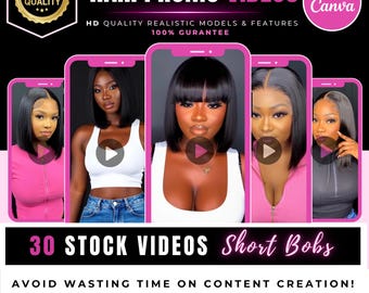 Könnte beinhalten: Werbebild für Haarvideos. Das Bild zeigt fünf Smartphone-Bildschirme mit Frauen, die Kurzhaarfrisuren im Bob-Stil präsentieren. Der Text enthält "HAIR PROMO VIDEOS", "30 STOCK VIDEOS Short Bobs" und "Edit in Canva."