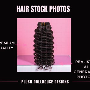 Puede incluir: Un paquete de extensiones de cabello ondulado marr&oacute;n oscuro, asegurado con una banda el&aacute;stica, se muestra sobre un fondo rosa. La imagen incluye el texto "HAIR STOCK PHOTOS", "PREMIUM QUALITY" y "REALISTIC AI GENERATED PHOTOS".