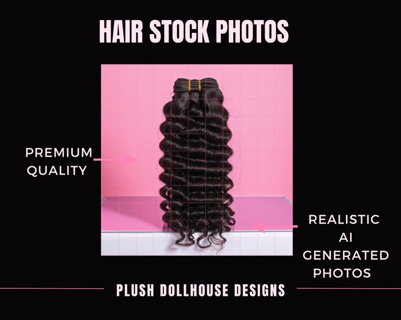 Puede incluir: Un paquete de extensiones de cabello ondulado marr&oacute;n oscuro, asegurado con una banda el&aacute;stica, se muestra sobre un fondo rosa. La imagen incluye el texto "HAIR STOCK PHOTOS", "PREMIUM QUALITY" y "REALISTIC AI GENERATED PHOTOS".