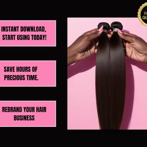 Puede incluir: Dos mechones de extensiones de cabello casta&ntilde;o oscuro se sostienen sobre un fondo rosa. La imagen incluye el texto "INSTANT DOWNLOAD, START USING TODAY!", "SAVE HOURS OF PRECIOUS TIME." y "REBRAND YOUR HAIR BUSINESS."