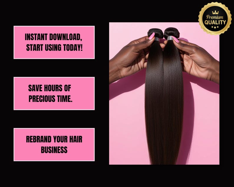 Puede incluir: Dos mechones de extensiones de cabello casta&ntilde;o oscuro se sostienen sobre un fondo rosa. La imagen incluye el texto "INSTANT DOWNLOAD, START USING TODAY!", "SAVE HOURS OF PRECIOUS TIME." y "REBRAND YOUR HAIR BUSINESS."