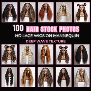 May include: 100 Hair Stock Photos HD Lace Wigs on Mannequin Deep Wave Texture. A collection of 18 images showcasing various styles of long, deep wave lace wigs in different colours, including blonde, brown, and black, on a mannequin head.