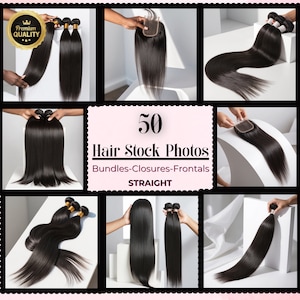 Puede incluir: Un collage de imágenes que muestran diferentes tipos de extensiones de cabello humano, incluidos paquetes, cierres y frontales. El cabello es liso y parece ser de color negro. El texto "50 Hair Stock Photos" y "Bundles-Closures-Frontals STRAIGHT" se muestra en el centro del collage.