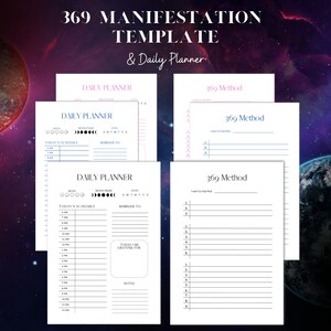 Può includere: Una raccolta di pagine di pianificazione stampabili con il testo "369 Manifestation Template & Daily Planner". Le pagine includono sezioni per gli orari giornalieri, le fasi lunari, i promemoria e le note di gratitudine. Il design presenta uno sfondo celeste.