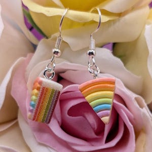May include: A pair of silver-toned earrings featuring colorful cake slice charms. Each charm displays a rainbow of colors, with a slice of cake design. The earrings are set against a backdrop of pink and yellow roses.