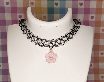 Cherry Blossom Choker Necklace - Handmade, Floral, Cute, Japanese, Sakura