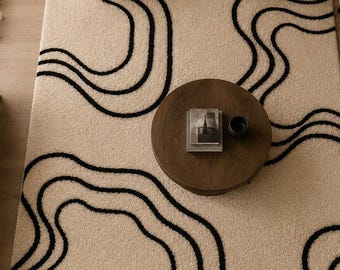Tapete abstrato de lã tufado à mão, 1,5 x 2,4 m, estilo orgânico moderno.