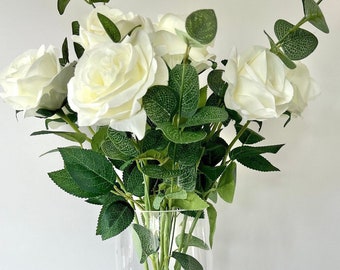 Large luxury white real touch roses with eucalyptus in vase with epoxy resin water