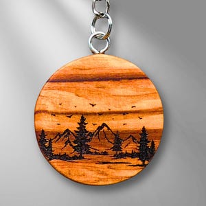 Wooden keychain | Olive wood bag charm | Gift | Birthday gift for your partner | Laser-cut wood | Mountains