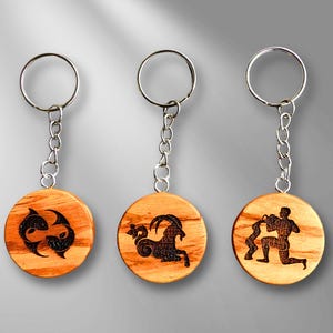 Wooden keychain | Olive wood bag charm | Gift | Birthday gift for your partner | Laser-cut wood | Zodiac sign