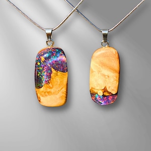 Collana in opale con legno e resina epossidica | Gioielli in legno, resina e opale | Collana con opale di fuoco artificiale