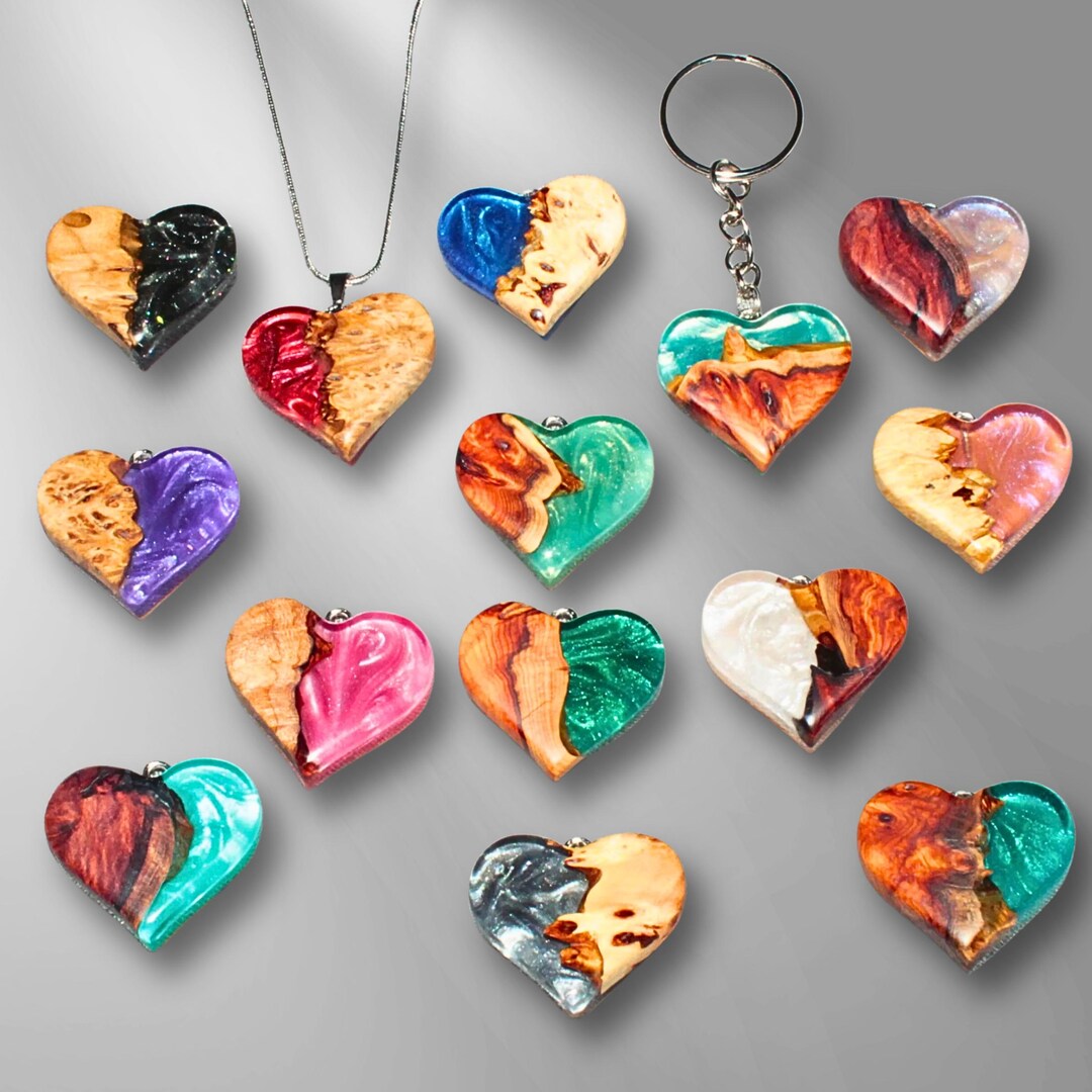 Hartvormige ketting voor koppels, rood, handgemaakte sieraden van hout en epoxyhars (hars) voor vrienden en koppels, halsketting, sleutelhanger of autohanger, 3-in-1 doe-het-zelf sieraden, Hout