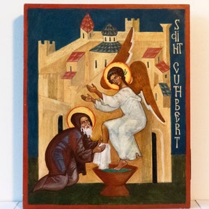St. Cuthbert of Lindisfarne Unique HANDMADE Byzantine Orthodox Icon Sacred Art Religious Painting