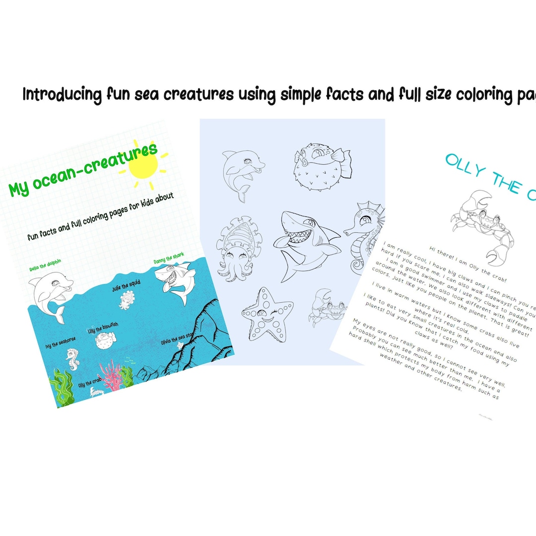 Coloring Pages and Short Funny Facts About Sea Creatures for Etsy