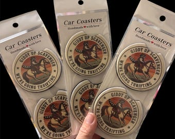 Car coasters set of two funny cute thrifting giddy up scavenger we are going thrifting thrift lover thrift shopper gift stretchy neoprene